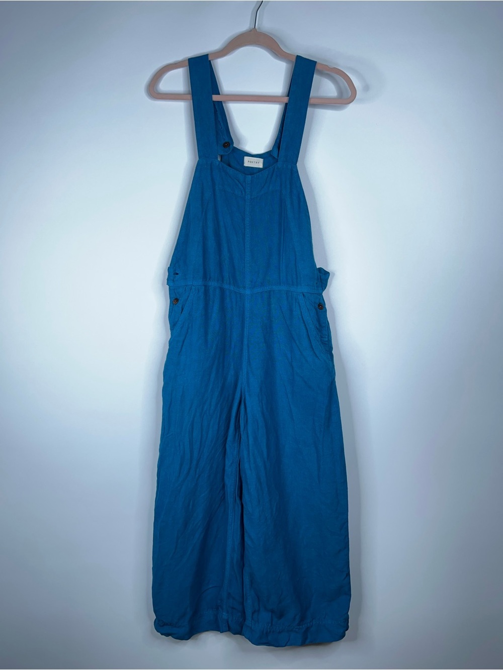 Poetry Blue Turquoise Wide-Leg Linen Overalls Adjustable Cropped Size 2